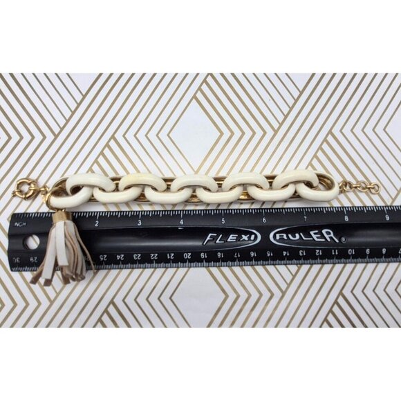 J Crew Chunky Gold Tone Cream Enamel Large Link Statement Bracelet 8" Tassel - Picture 9 of 9